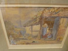 In the manner of BIRKETT FOSTER watercolour - cottage scene, 17 x 23 cms