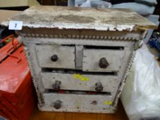 Small vintage white painted chest of two over two drawers with various screw fixing etc contents