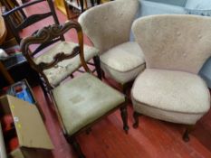 Pair of vintage button upholstered side chairs, a vintage ladderback farmhouse chair and a Victorian