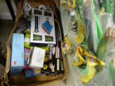 Tub of toys swords and a box of other retail items