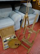 Vintage artist's box and contents and two adjustable wooden easels