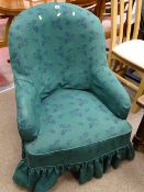 Antique button upholstered tub armchair on white pot castors, now with modern slip cover