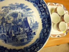 Good Wedgwood blue and white bowl 'Ferrara' and Staffs eggcups on a plate