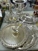 Four electroplate trays, similar swing handled basket, cocktail shaker and wine cooler etc