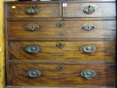 Antique mahogany chest of two short over three long drawers on hardwood castors (for restoration)