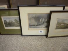 Framed engraving of Conwy Quay, Gwrych and Raglan Castles