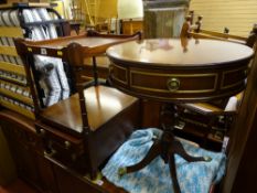 Reproduction drum topped occasional table with drawers and a two shelf, two drawer side table