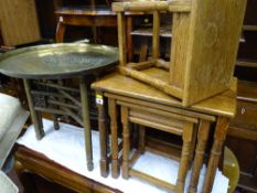 Oak nest of three tables and one other and a Benares brass topped occasional table