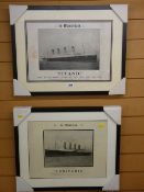 Pair of Cunard In Memoriam posters for Titanic and Lusitania