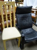Stylish bentwood and black leather effect armchair and a tall back light wood side chair