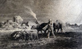 CHARLES EMILE JACQUE etching - entitled 'L'orage', mounted but unframed, 28 x 40cms Provenance: with