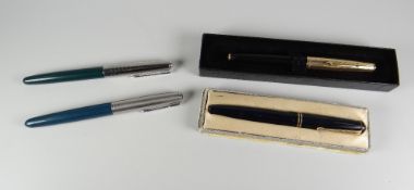 TWO VINTAGE FOREST GREEN PARKER 51 FOUNTAIN PENS both with stainless steel caps, together with a
