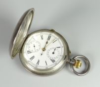 SILVER HUNTER CHRONOGRAPH POCKET WATCH having two subsidiary dials engraved to inner cover 'Iain