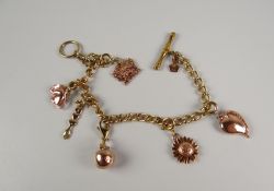 A YELLOW METAL T-BAR CHAIN SET WITH SEVEN 9CT CLOGAU GOLD CHARMS including a Welsh dragon, love