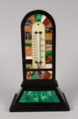 NINETEENTH CENTURY BLACK MARBLE ARCH TOPPED DESK THERMOMETER inlaid with specimen patch work or