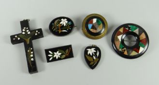 GROUP OF NINETEENTH CENTURY & LATER BLACK MARBLE PIETRA DURA INLAID JEWELLERY to include two