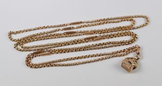 9CT GOLD LONG MUFF / GUARD CHAIN with plated design seal fob, 166cms long approx., 28.3grams approx.