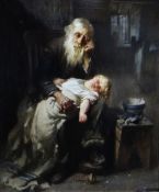 JOHN HENRY HENSHALL oil on canvas - interior scene of grandfather with sleeping child on his lap &