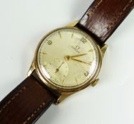 9ct GOLD OMEGA GENTS AUTOMATIC WRISTWATCH with subsidiary seconds dial on later leather strap