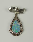 9ct WHITE GOLD & SILVER SET TEARDROP DOUBLET with white metal bar brooch