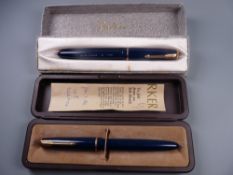 TWO VINTAGE BOXED BLUE PARKER DUOFOLD JUNIOR FOUNTAIN PENS both with gold plated trim & 14ct gold