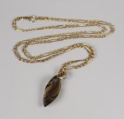 A 9CT YELLOW GOLD FIGARO CHAIN, 3.4grams & smoky quartz pendant