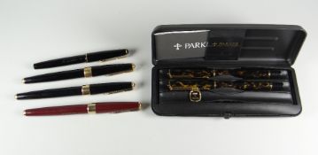 FOUR VINTAGE PARKER 17 FOUNTAIN PENS (3 x black - two with wide gold bands, 1 x boxed Lady with gold