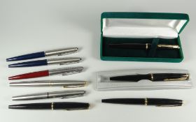 THREE BOXED VINTAGE BLACK PARKER 45 FOUNTAIN PENS with gold trim together with six vintage Parker 45