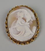 A FINE YELLOW METAL ANTIQUE CAMEO BROOCH PORTRAIT of maiden feeding bird (in associated box)