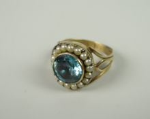 AN ANTIQUE SEED-PEARL & AQUAMARINE RING SET believed gold (hallmarks worn), 5.1gram approx, (size