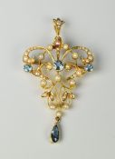15CT GOLD EDWARDIAN AQUAMARINE & SEED PEARL OPENWORK PENDANT BROOCH in original fitted box marked