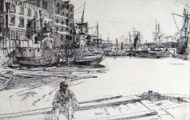 JAMES ABBOTT McNEILL WHISTLER etching - Eagle Wharf with numerous boats & seated figure on a barge