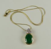 EMERALD & THREE-STONE DIAMOND PENDANT ON 14K GOLD CHAIN, 6.7grams approx.