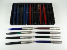 TRAY OF ELEVEN VARIOUS VINTAGE PARKER 17 FOUNTAIN PENS 3 red, 4 blue, 4 black - all with gold