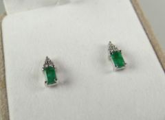 A PAIR OF BOXED 14K WHITE GOLD EMERALD & DIAMOND EARRINGS, 1.6grams approx.