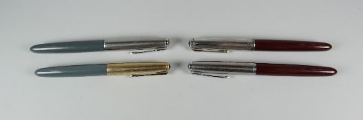 FOUR VINTAGE PARKER 51 FOUNTAIN PENS two grey - 1 with golf filled cap, 1 with stainless steel cap &