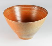 A SARAH WALTON STUDIO POTTERY SALTGLAZED FLARED BOWL with internal and external swirl effect,