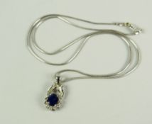 AN 18CT WHITE GOLD SAPPHIRE & DIAMOND DROP PENDANT on 18ct white gold chain, 5.9grams approx. (in