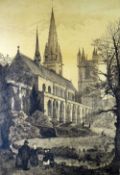 ASPINALL nineteenth century etching - Llandaff Cathedral with figures & gardeners, signed &