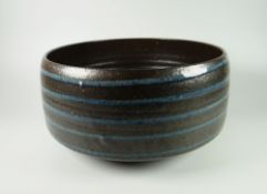 DAVID LLOYD JONES STUDIO POTTERY LARGE BOWL of simple form with blue ribbing, potter's mark, 26cms