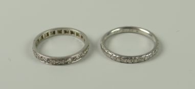 PLATINUM WEDDING BAND TOGETHER WITH WHITE METAL DIAMOND CHIP ETERNITY RING, 5.2 grams approx.