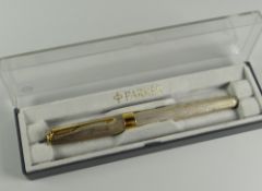 A MODERN BOXED STERLING SILVER FOUGERE PARKER SONNET FOUNTAIN PEN with gold trim & 18ct gold nib
