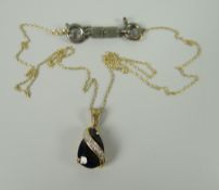 A MODERN 9CT YELLOW GOLD, SAPPHIRE & TINY DIAMOND PENDANT & FINE CHAIN
