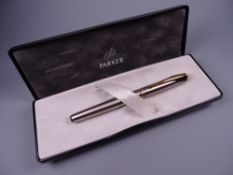 A MODERN (2001-2004) STAINLESS STEEL PARKER INFLECTION FLIGHTER FOUNTAIN PEN with gold plated trim &