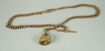 9CT GOLD CURB LINK ALBERT POCKET WATCH CHAIN with T-bar & citrine fob pendant, 46.9grams approx. (