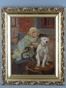 R G EVES oil on canvas - a young girl seated on a bench offering her dog a treat, Honiton Fine Art