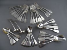 FORTY FOUR PIECES OF MIXED FIDDLE PATTERN SILVER TABLE FLATWARE to include two sauce ladles,