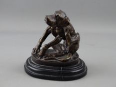 AFTER CHRISTOPHE FRATIN BRONZE MODEL OF A DOG scratching an itch, on a stepped oval marble base,