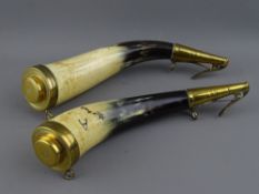 A MATCHING PAIR OF HORN SHOT FLASKS, brass mounted, 19th Century, one with engraved markings,