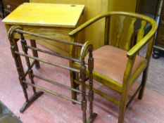A CHILD'S VINTAGE SCHOOL DESK, a standing towel rail, a bow back armchair and a single splatback